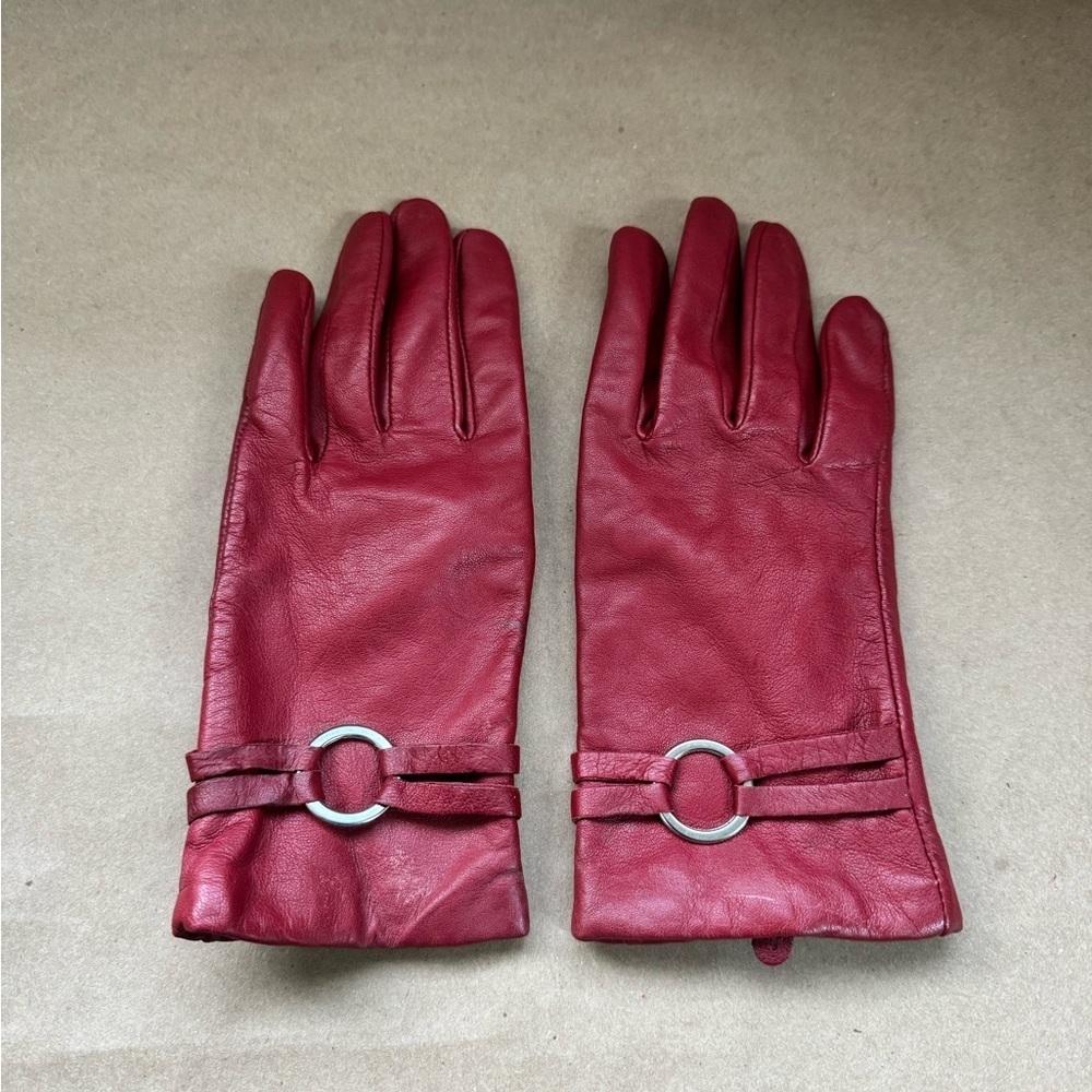 Fownes Lined Red Leather Gloves with Silver Buckle Adornment. Size M